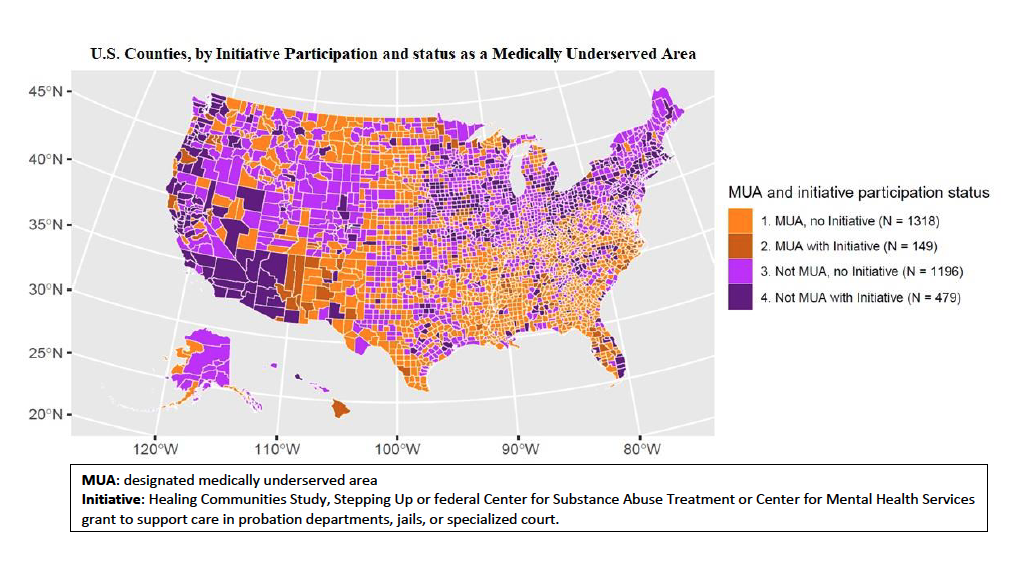 Nationwide map that overlays participation in IM Justice BH initiatives with the medically underserved designation